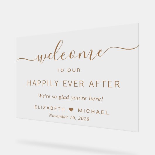 Gelukkig ooit na gouden script bruiloft welkom acryl bord (Hoek)