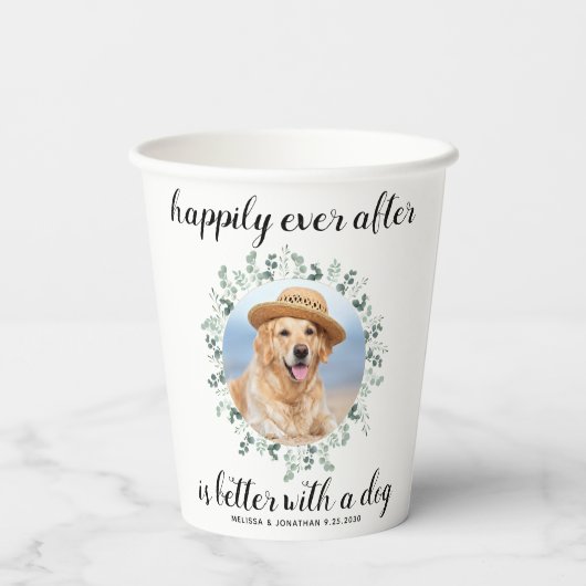 Gelukkig ooit na Greenery Pet Photo Dog Wedding Papieren Bekers (Achterkant)