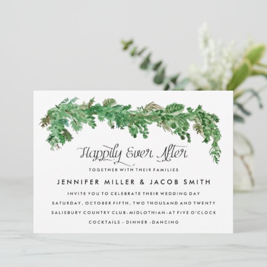 Gelukkig ooit na groen bruiloft uitnodiging (Staand voorkant)