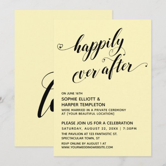 Gelukkig ooit na harten Bleke gele receptie Kaart (Voorkant / Achterkant)