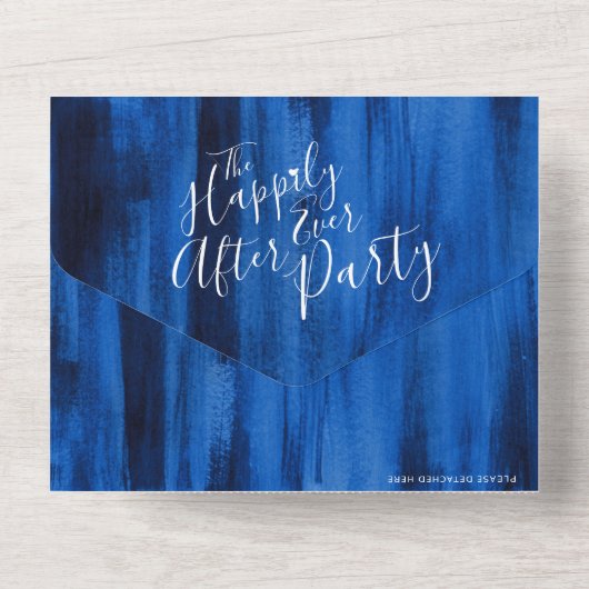 Gelukkig ooit na het bruiloft foto blauw all in one uitnodiging (Achterkant)