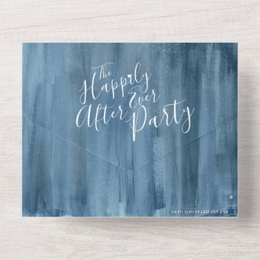 Gelukkig ooit na het bruiloft foto blauw grijs all in one uitnodiging (Achterkant)