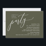 Gelukkig ooit na het feest bruiloft receptie diner kaart<br><div class="desc">Markeer het begin van je leven voor altijd met elegantie met behulp van onze moderne moderne rustieke olijfgroene thema bruiloft elopement viering uitnodiging kaart, "Happy Ever After Party". Perfect voor koppels die hun vreugdevolle gelegenheid uitbreiden, deze uitnodiging straalt sophisticatie uit met een vleugje speelsheid, en vormt het podium voor een...</div>