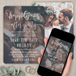 Gelukkig ooit na het Witte van de Tekst van de Par Save The Date<br><div class="desc">kondig het vrolijke nieuws van uw aanstaande ontvangst-enige trouwviering met de unieke bekleding van de douanefoto "gelukkig Ever na Partij"behalve de datumuitnodigingen aan. Alle formuleringen zijn eenvoudig te personaliseren voor een ceremonie voor hernieuwing van de stembusgang, een latere bruiloft, een eerste verjaardag of een partij na de ontwikkeling. Vermeld de...</div>