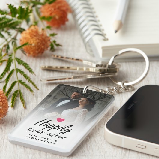 Gelukkig ooit na hete roze hart foto Keepsake Sleutelhanger (Voorkant Rechts)