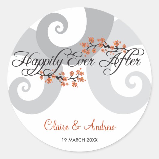Gelukkig ooit na Hibiscus spiraal golven bruiloft Ronde Sticker (Voorkant)