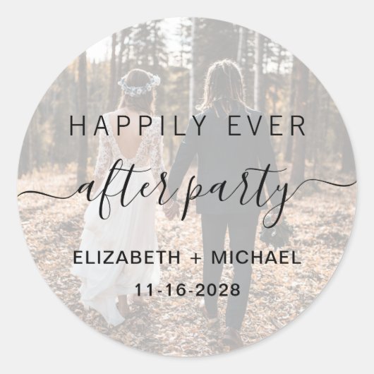 Gelukkig ooit na partij foto bruiloft ontvangst C Ronde Sticker (Voorkant)
