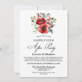 Gelukkig ooit na rode bloemenbruiloft receptie kaart (Voorkant)