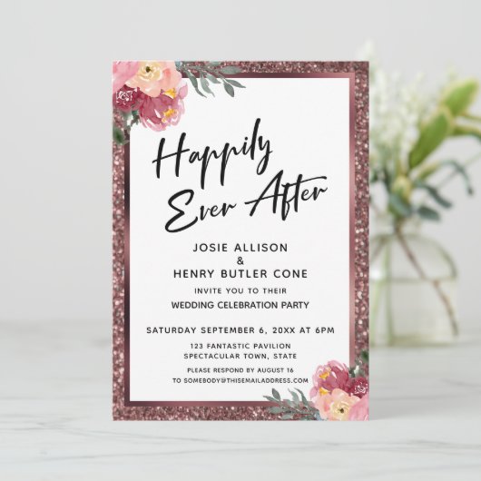 Gelukkig ooit na Roos Gold Glitter en Flowers Kaart (Staand voorkant)