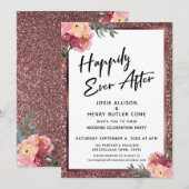 Gelukkig ooit na Roos Gold Glitter en Flowers Kaart (Voorkant / Achterkant)