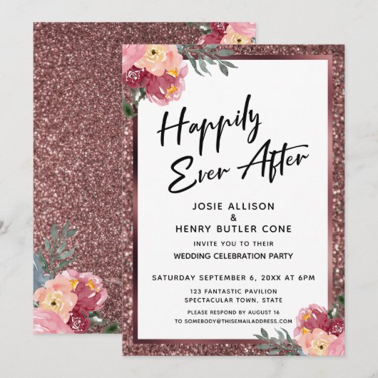 Gelukkig ooit na Roos Gold Glitter en Flowers Kaart (Voorkant / Achterkant)