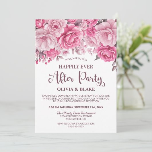 Gelukkig ooit na roze bloemenbruiloft receptie kaart (Staand voorkant)