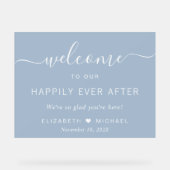 Gelukkig ooit na stoffige blauwe bruiloft welkom acryl bord (Voorkant)