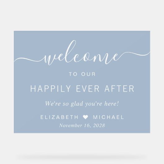 Gelukkig ooit na stoffige blauwe bruiloft welkom acryl bord (Voorkant)