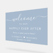 Gelukkig ooit na stoffige blauwe bruiloft welkom acryl bord (Hoek)