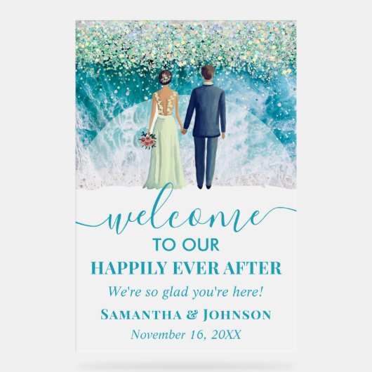 Gelukkig ooit na strand bruiloft welkom Frosted Acryl Bord (Voorkant)