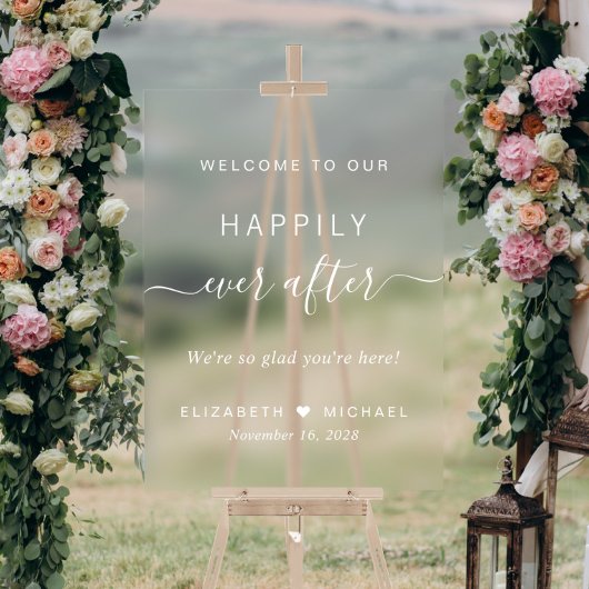 Gelukkig ooit na wit script bruiloft welkom acryl bord