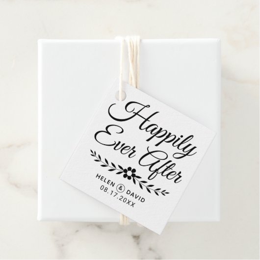 Gelukkig ooit na zwarte typografie bloem bruiloft bedankjes labels (In situ)