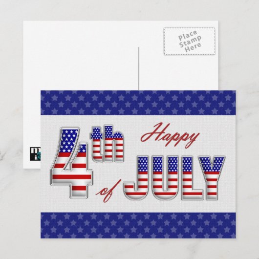 Gelukkig op 4 juli. Briefkaarten voor patriottisch (Voorkant / Achterkant)