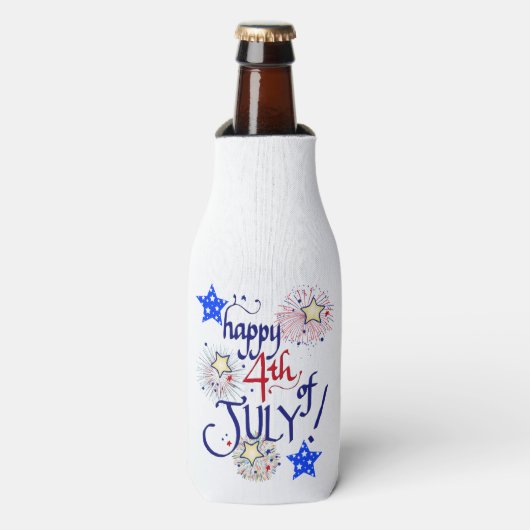 Gelukkig op 4 juli! Met vuurwerk en sterren Flesjeskoeler (Fles Voorkant)