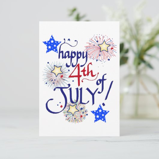 Gelukkig op 4 juli! Met vuurwerk en sterren Informatiekaartje (Staand voorkant)