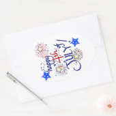 Gelukkig op 4 juli! Met vuurwerk en sterren Ovale Sticker (Envelop)