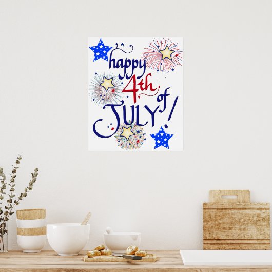 Gelukkig op 4 juli! Met vuurwerk en sterren Poster (Keuken)