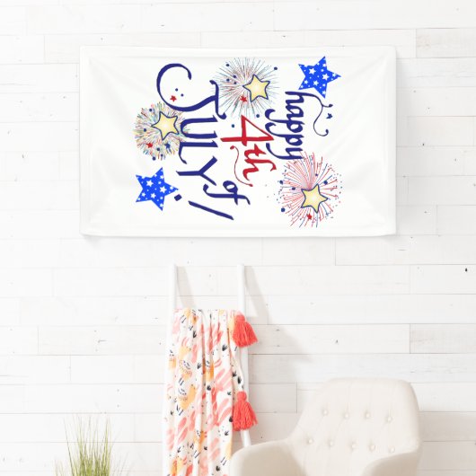 Gelukkig op 4 juli! Met vuurwerk en sterren Spandoek (Insitu)