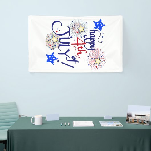 Gelukkig op 4 juli! Met vuurwerk en sterren Spandoek (Beurs)