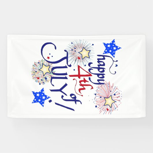 Gelukkig op 4 juli! Met vuurwerk en sterren Spandoek (Horizontaal)