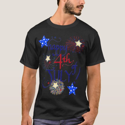 Gelukkig op 4 juli! Met vuurwerk en sterren T-shirt (Voorkant)