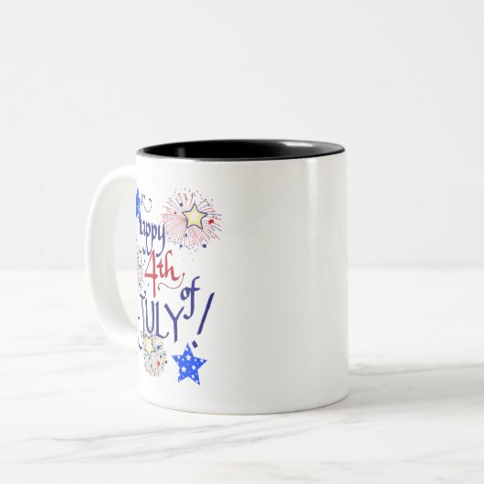 Gelukkig op 4 juli! Met vuurwerk en sterren Tweekleurige Koffiemok (Voorkant links)