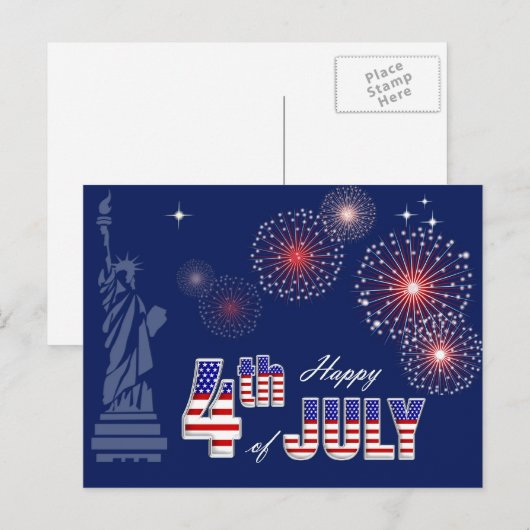 Gelukkig op 4 juli. Vrijheidsbeeld en vuurwerk Briefkaart (Voorkant / Achterkant)
