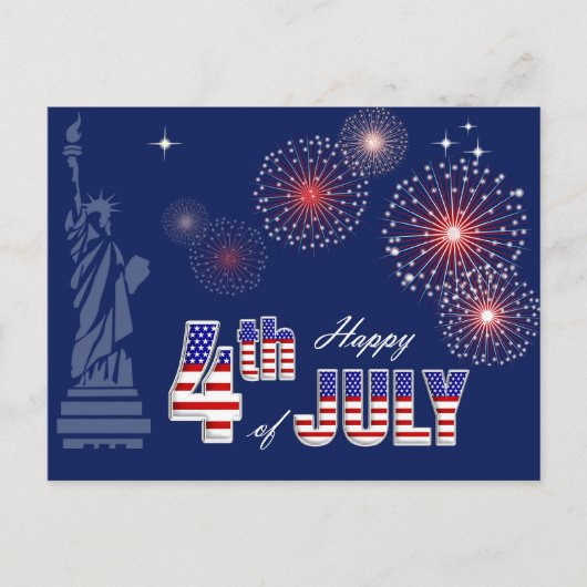 Gelukkig op 4 juli. Vrijheidsbeeld en vuurwerk Briefkaart (Voorkant)