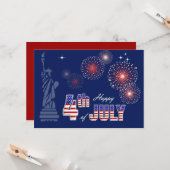 Gelukkig op 4 juli. Vrijheidsbeeld en vuurwerk Kaart (Voorkant / Achterkant in situ)