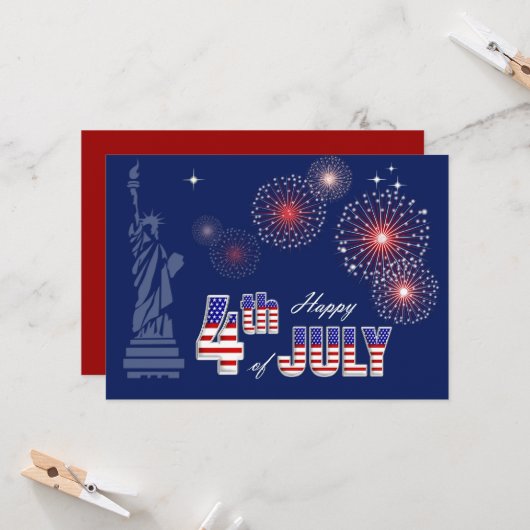 Gelukkig op 4 juli. Vrijheidsbeeld en vuurwerk Kaart (Voorkant / Achterkant in situ)