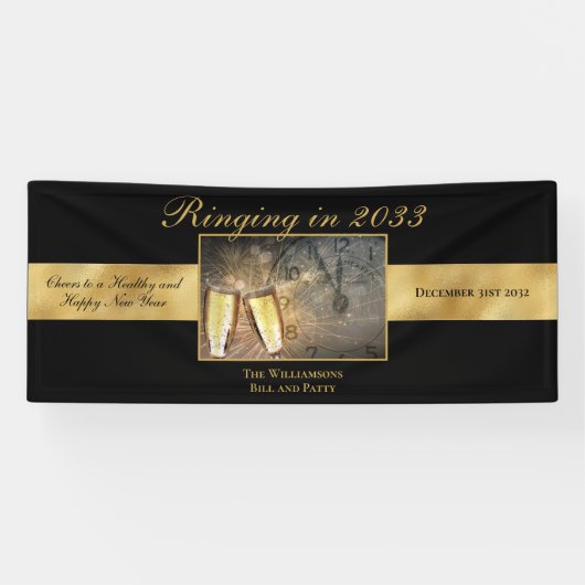 Gelukkig Oud en Nieuw Vrolijk Festive Black Gold Spandoek (Horizontaal)