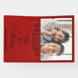 Gelukkig paar foto rood en zwart bruiloft welkom spandoek