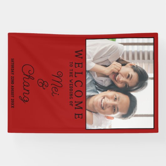 Gelukkig paar foto rood en zwart bruiloft welkom spandoek (Horizontaal)