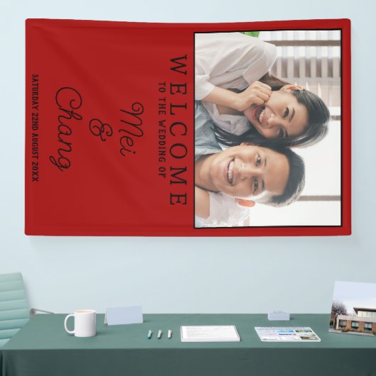Gelukkig paar foto rood en zwart bruiloft welkom spandoek (Beurs)
