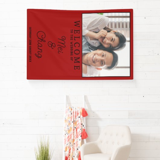 Gelukkig paar foto rood en zwart bruiloft welkom spandoek (Insitu)