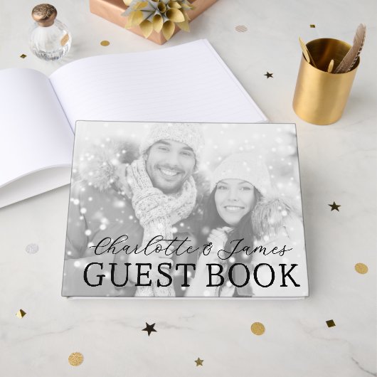 Gelukkig paar zwart-wit foto bruiloft gastenboek (Voorkant open)