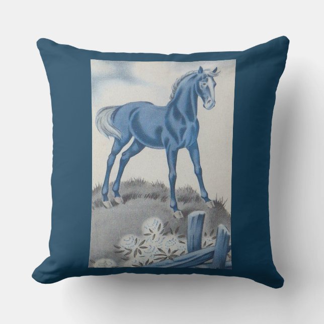 Gelukkig paard in blauw kussen (Voorkant)