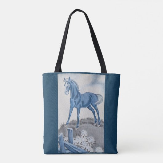 Gelukkig paard in blauw tote bag (Achterkant)