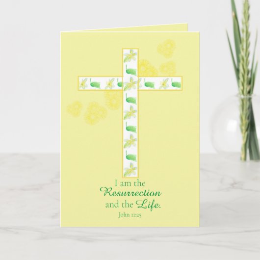 Gelukkig Paasbijbelvers Johannes 11:25 Geel Kruis Kaart (Voorkant)