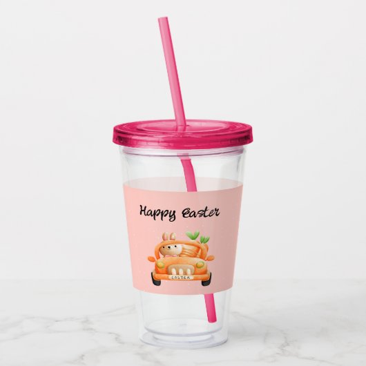 Gelukkig paasbroodje op roze acryl drinkbeker (Links)