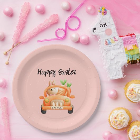 Gelukkig paasbroodje op roze papieren bordje (Feest)