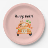 Gelukkig paasbroodje op roze papieren bordje (Voorkant)