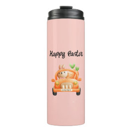 Gelukkig paasbroodje op roze thermosbeker