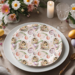 Gelukkig paasfeest konijnenfeest roze papieren bordje